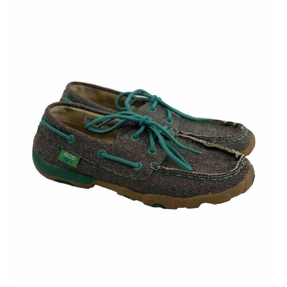 Twisted X Eco Boat Shoe Driving Mocs Brown Canvas Teal Lace Up Comfort Womens 6 - Picture 1 of 11